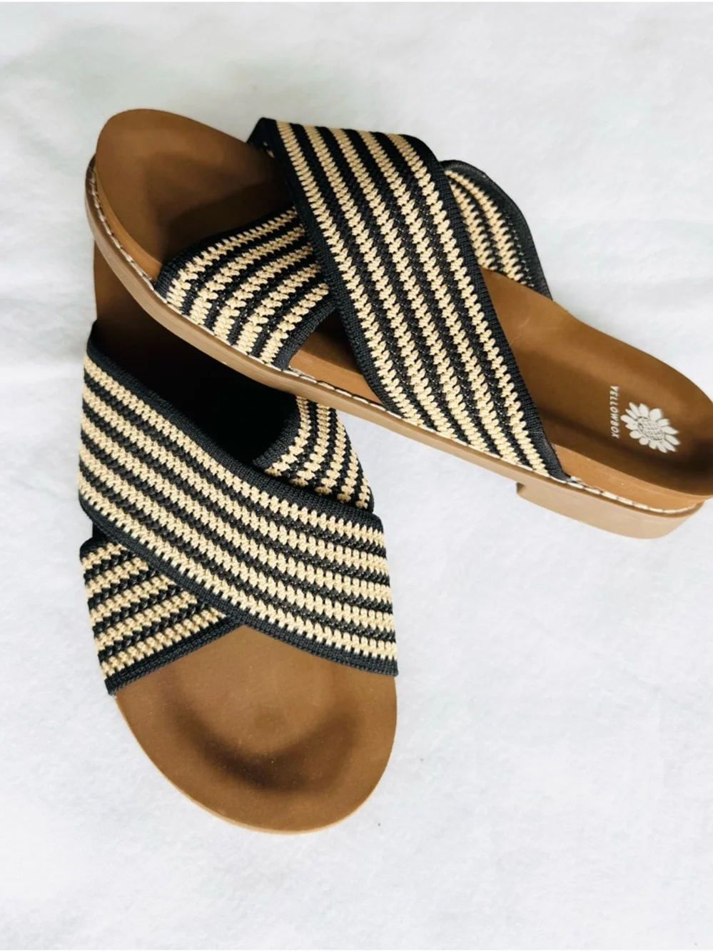 Yellow Box Women's Black and Beige Striped Crisscross Slide Sandals - Picture 2 of 4